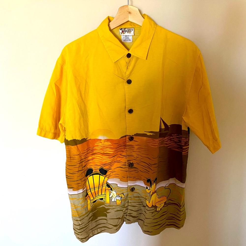 Walt Disney World Hang Loose 1971 Retro Hawaiian Button Shirt Mickey Pluto Small